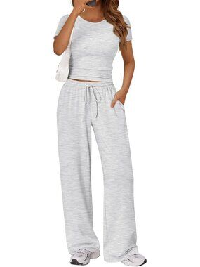 2 Piece Matching Summer Sweatsuit Lounge Set Womens Wide Leg Pants Side Ruching